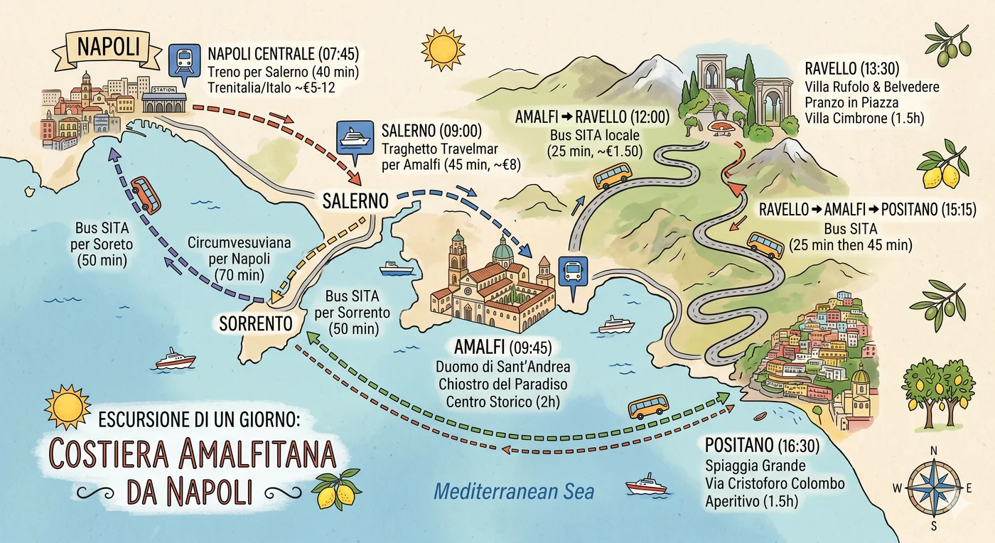 Costiera Amalfitana da Napoli - mappa itinerario di 1 giorno