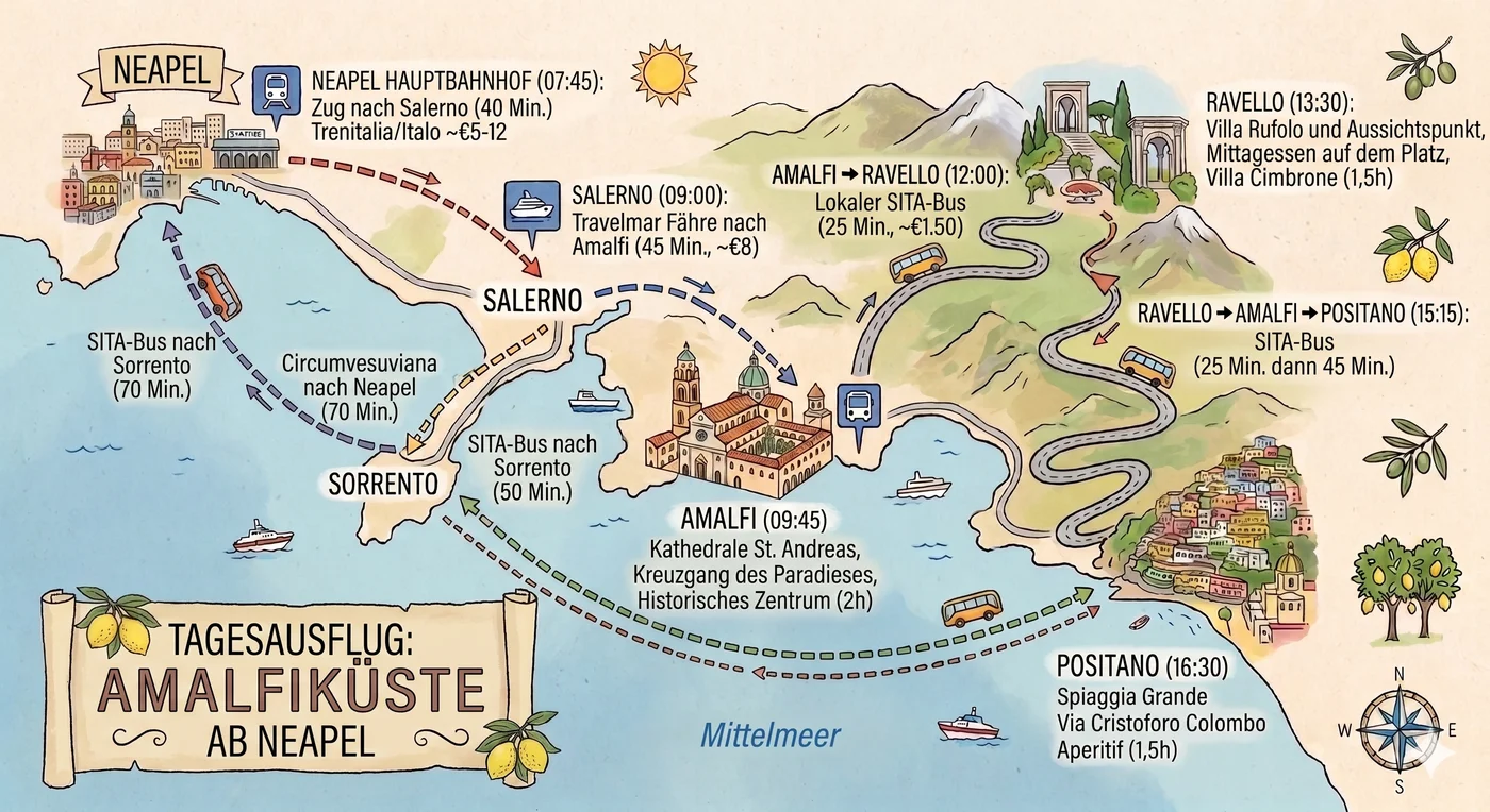 Amalfi Coast from Naples map - complete 1-day itinerary