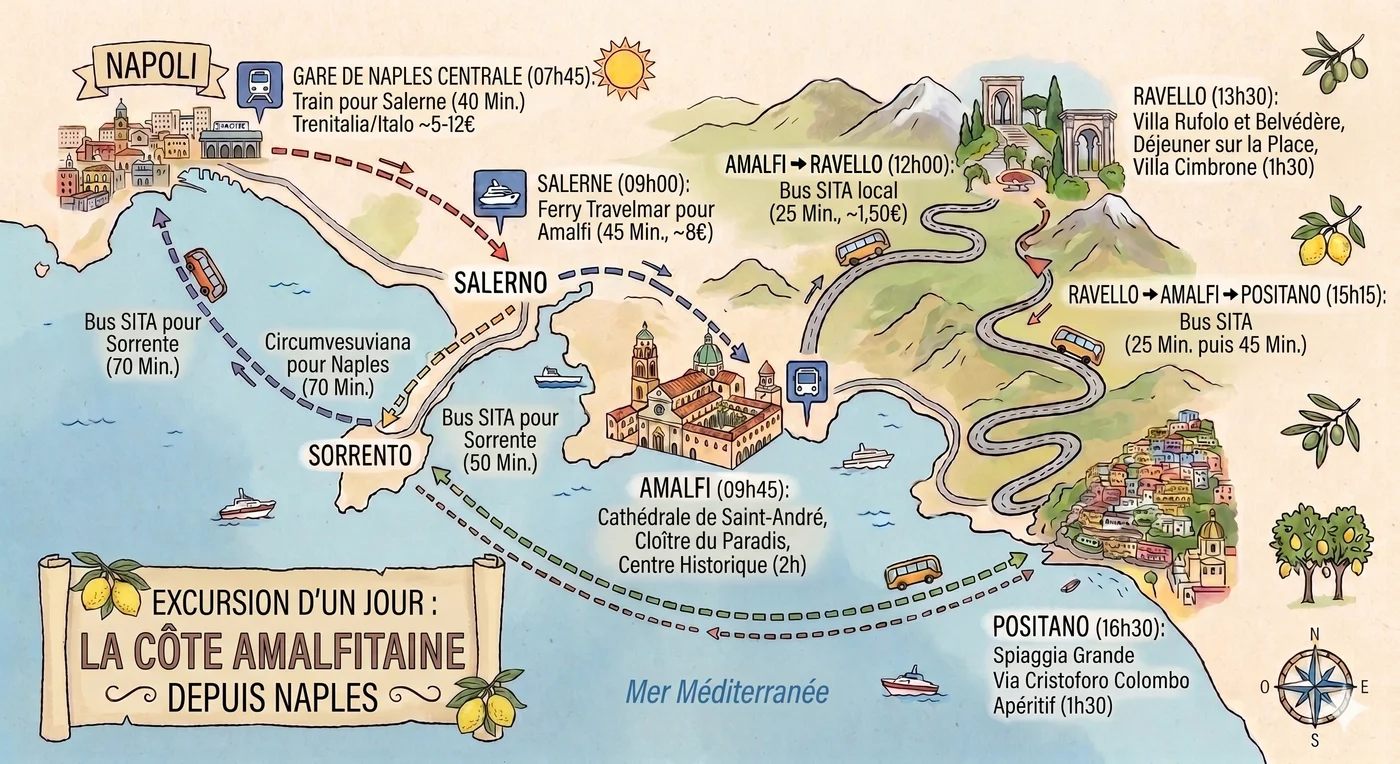 Carte Côte Amalfitaine depuis Naples - itinéraire complet d'un jour